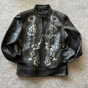 Allan Denis Black Leather Moto Jacket Silver Floral Detail Women’s small.